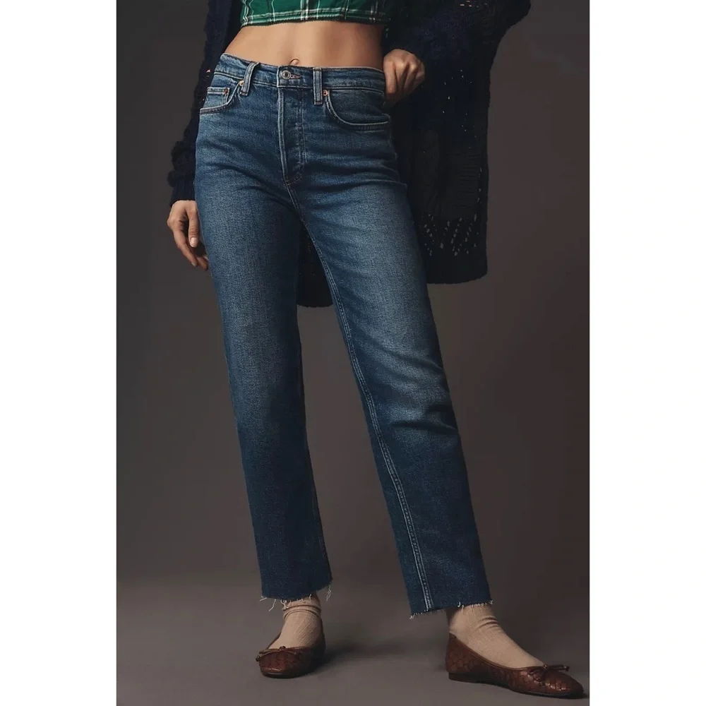 NWT RE/DONE 90s High Rise Button Fly Straight Leg Ankle Crop‎ Raw Hem Jeans 25